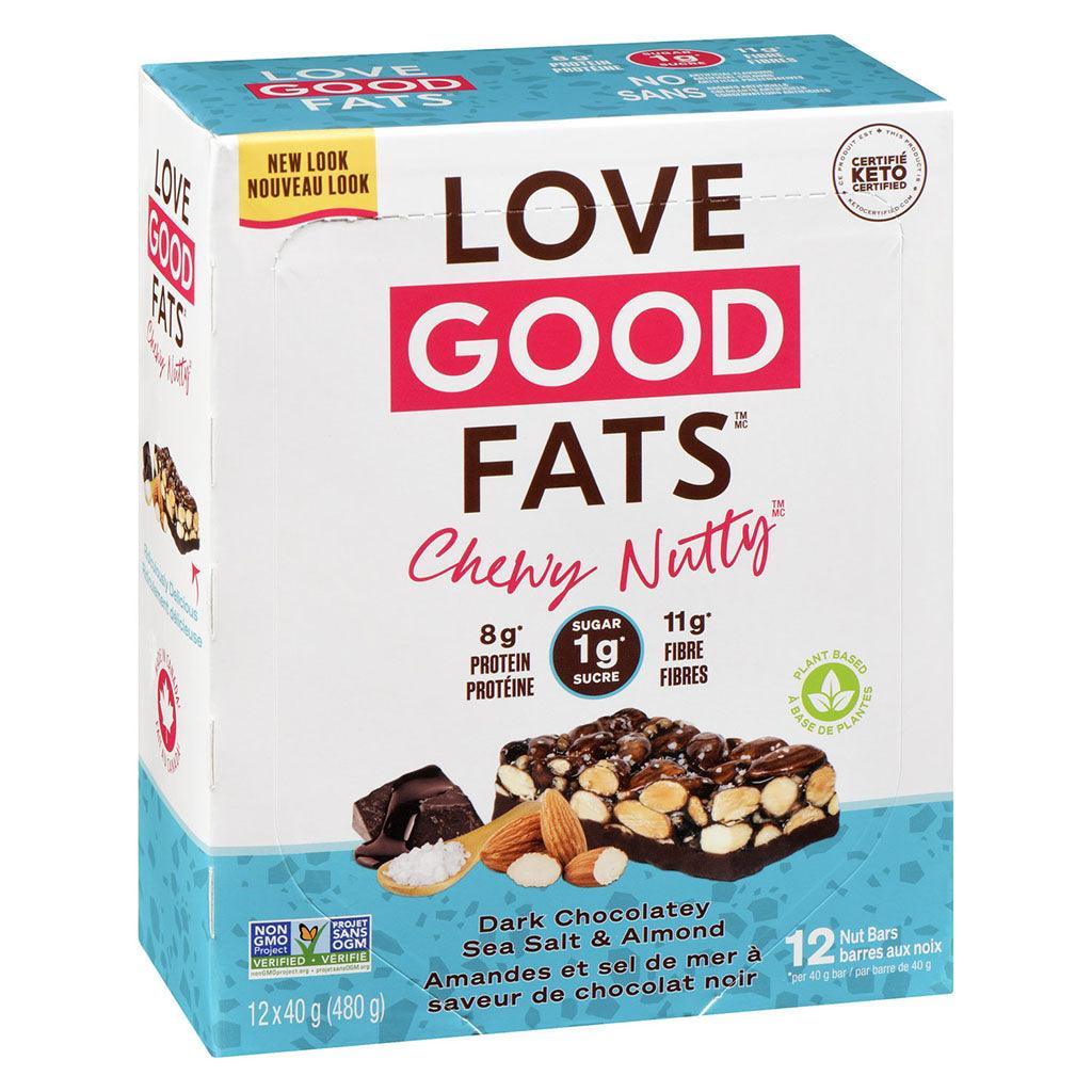 Box of 12 Chewy Nutty Almond and Sea Salt Bars in Dark Chocolate Flavor Love Good Fats