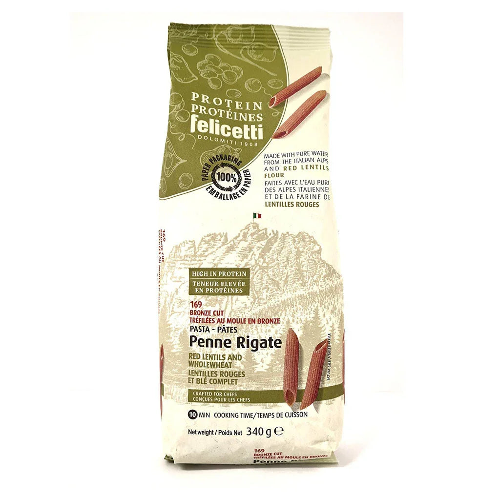 felicetti pâtes protéines penne rigate lentilles rouges et blé complet 340 g