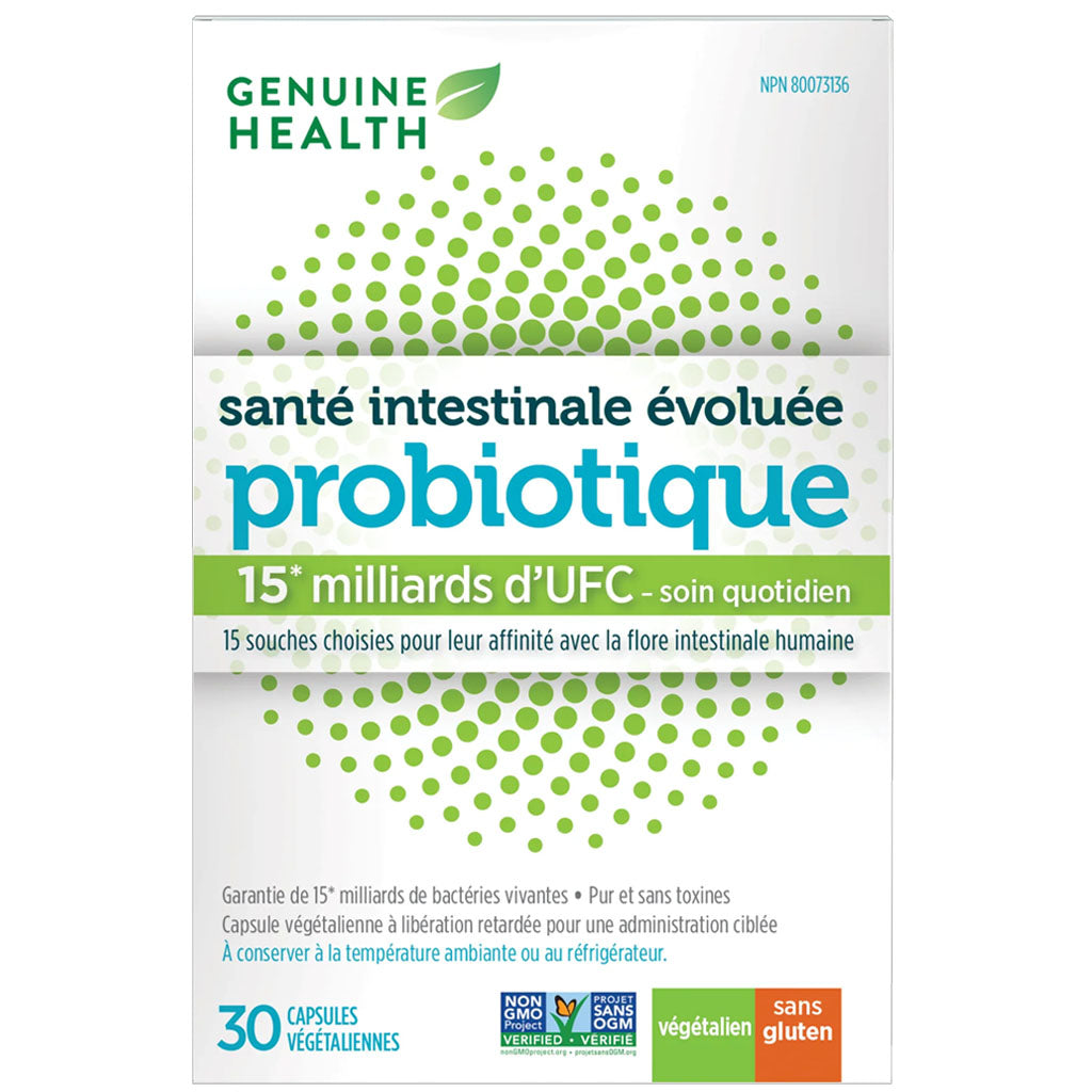 Genuine health probiotique santé intestinale évoluée 15 milliards 30 capsules végétaliennes - La Boite à Grains