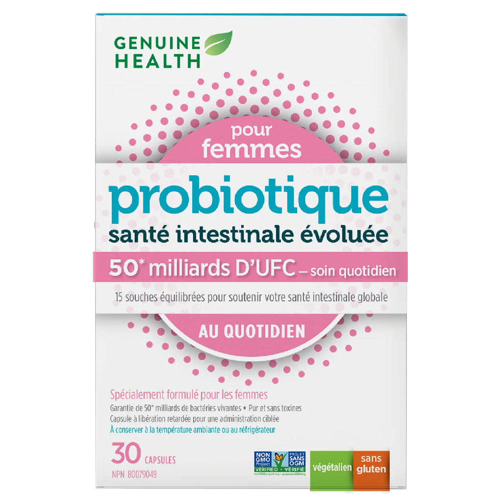 Genuine health probiotique santé intestinale évoluée pour les femmes 50 milliards d'UFC 30 capsules végétaliennes - La Boite à Grains
