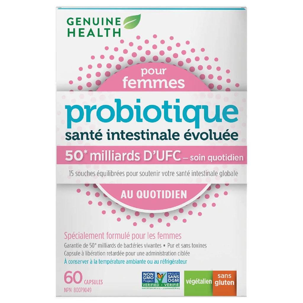 Genuine health probiotique santé intestinale évoluée pour les femmes 50 milliards d'UFC 60 capsules végétaliennes - La Boite à Grains