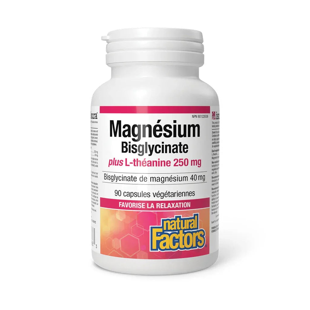magnesium bisglycinate plus l-theanine 250 mg Natural Factors - La Boite à Grains