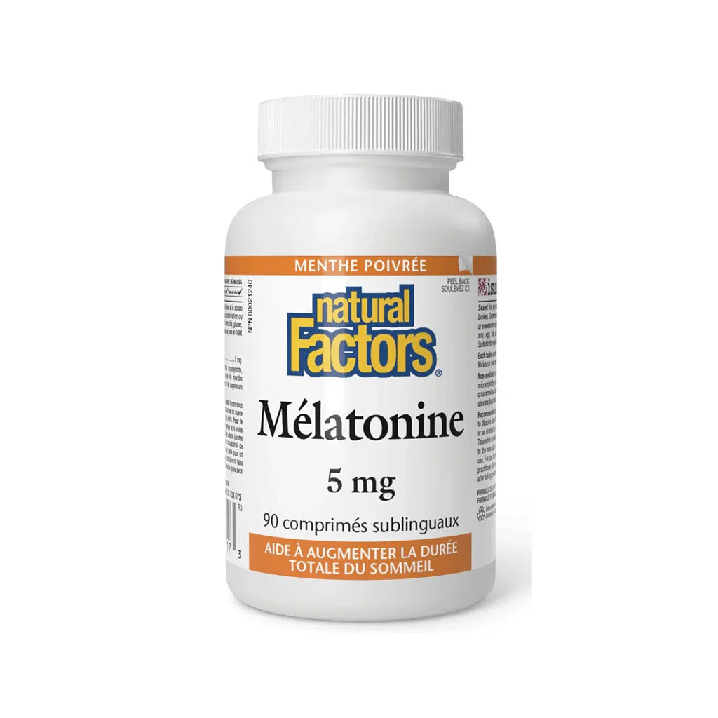 natural factors Melatonin 5 mg 90 sublingual tablets per grain box