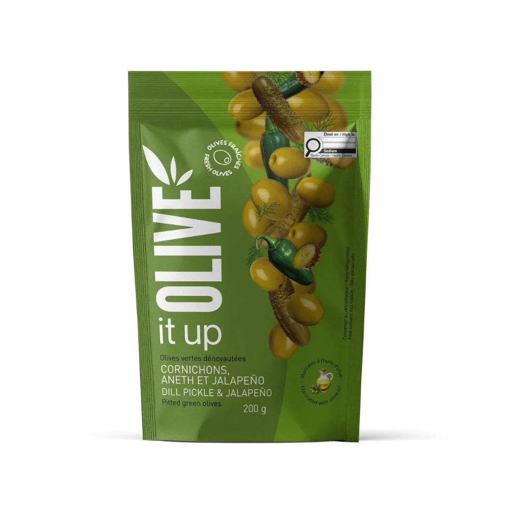 olives vertes dénoyautées Cornichosn, aneth et jalapeno Olive It Up - La Boite à Grains