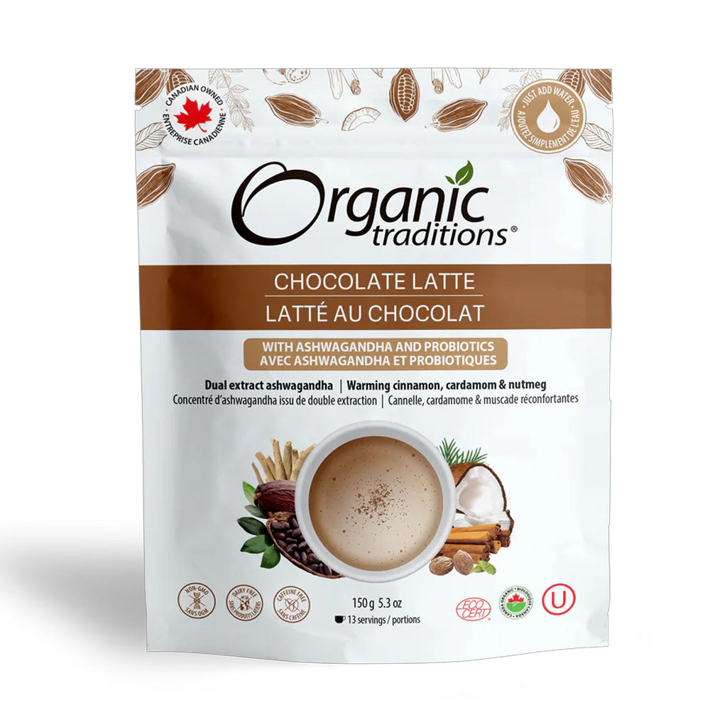 organic tradition latté au chocolat avec ashwagandha et probiotiques 150 g - la boite à grains