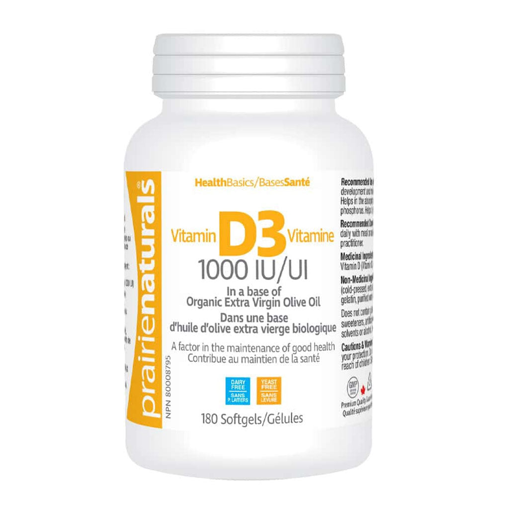 Prairie Naturals Vitamine D3 1000 UI Gélules dans Base d'Huile d'Olive Bio 180 gélules - La Boite à Grains