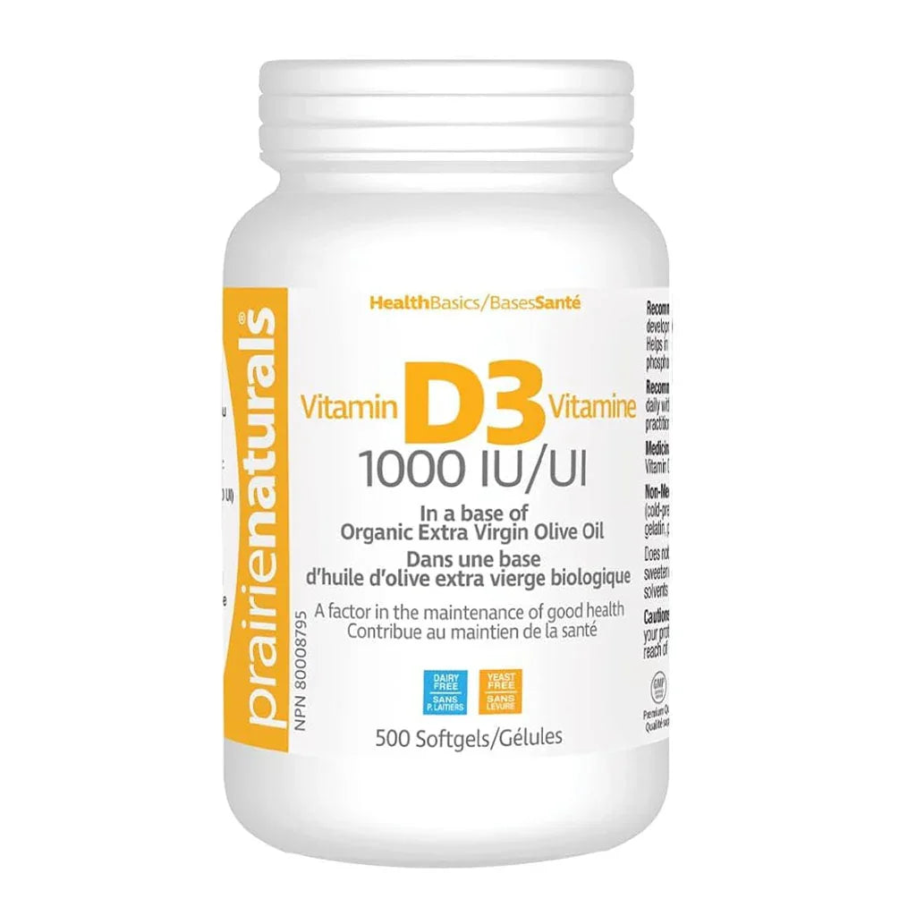 Prairie Naturals Vitamin D3 1000 IU Capsules in Organic Olive Oil Base 500 capsules - La Boite à Grains