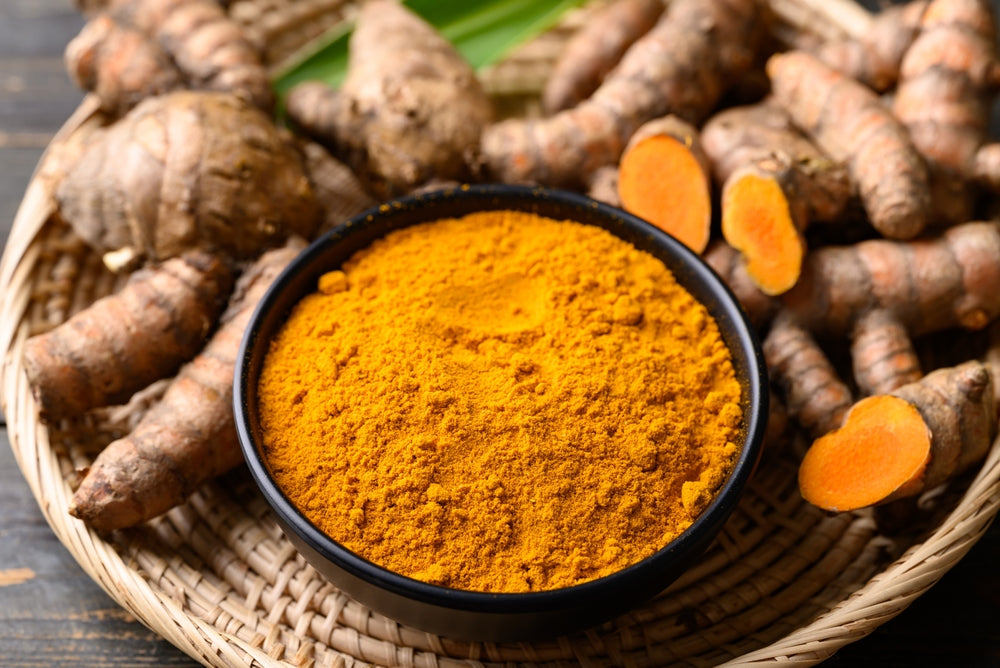 poudre de curcuma et curcuma frais, ingrédient organique de la cuisine asiatique, colorant alimentaire ou teinture naturelle