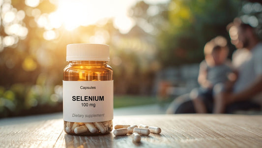 Bouteille ambrée de capsules de complément alimentaire au sélénium avec dose de 100 mg sur une table en bois, produit de santé et de bien-être dans un cadre naturel extérieur, arrière-plan familial flou et lumière du soleil, antioxydant