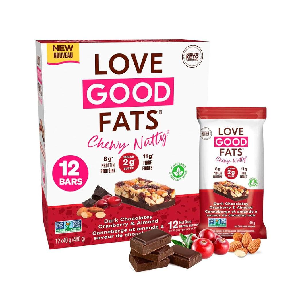 Boîte de 12 Barres Chewy Nutty Canneberge et Amande à Saveur de Chocolat Noir Love Good Fats