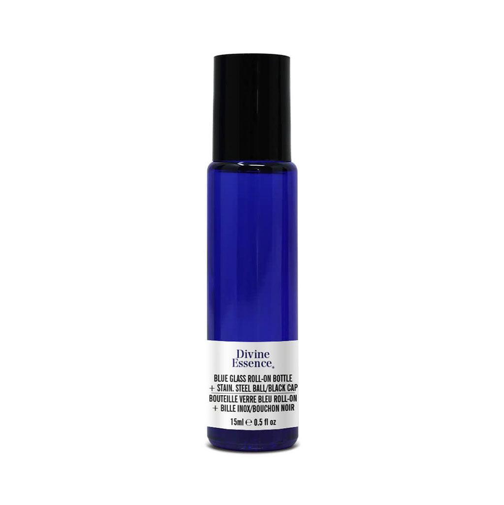 Bouteille Vide en Verre Bleu Roll-On + Bille Inox Divine Essence - La Boite à Grains