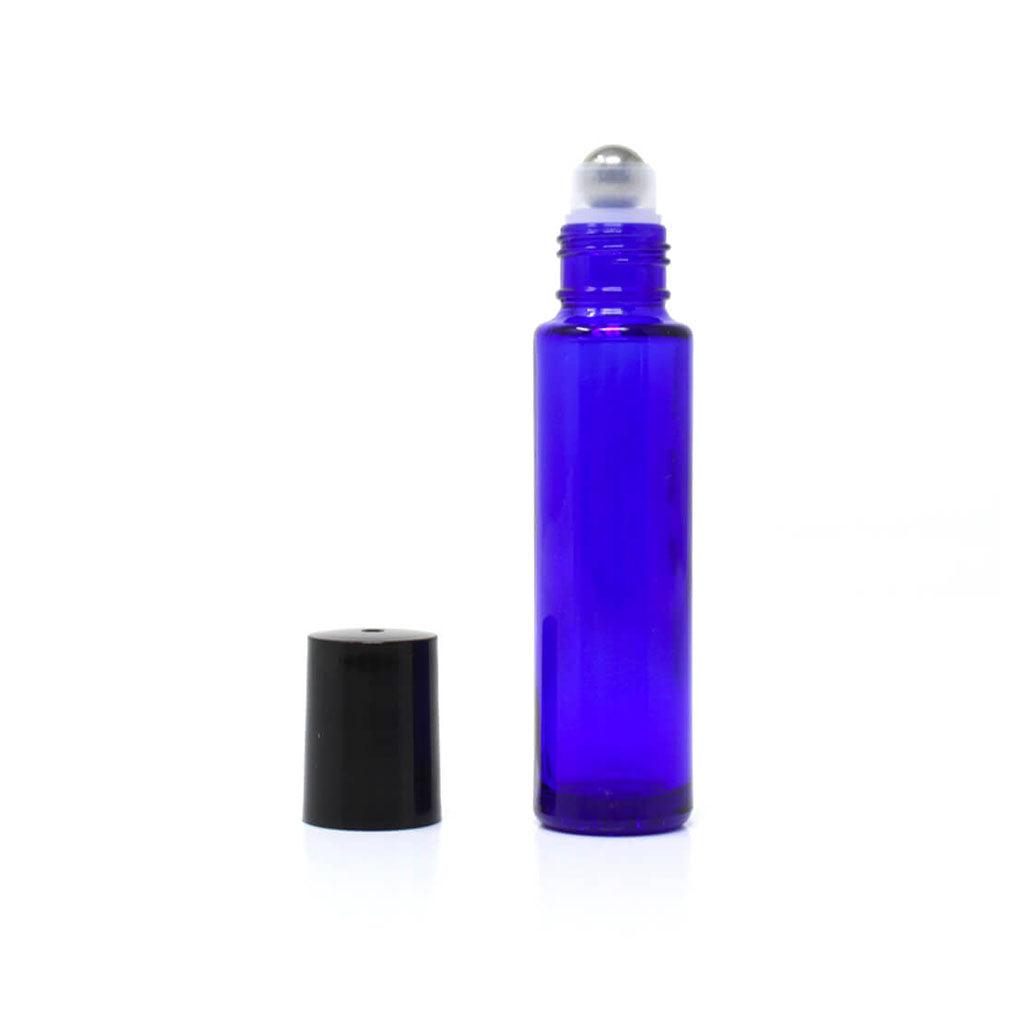Bouteille Vide en Verre Bleu Roll-On + Bille Inox Divine Essence - La Boite à Grains