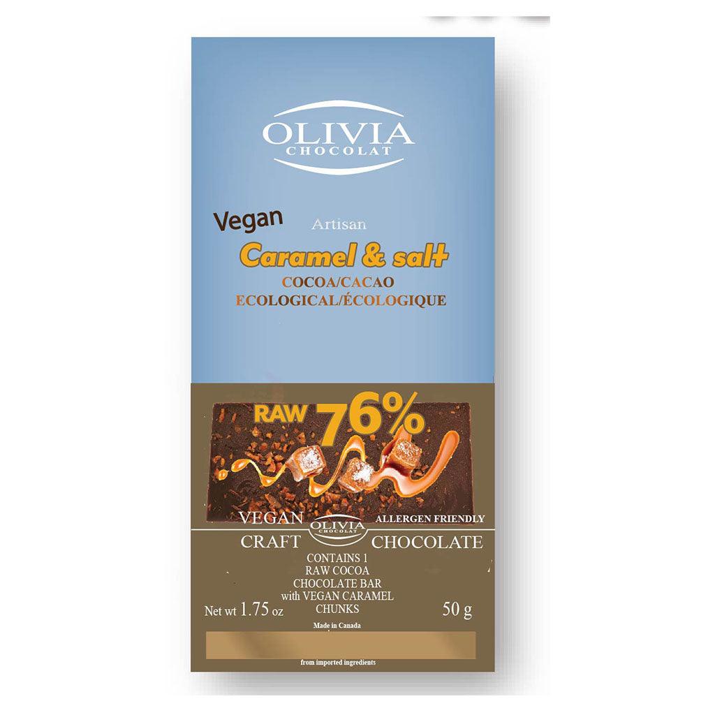 Chocolat Végétalien 76% Cru Caramel et Sel Olivia Chocolat - La Boite à Grains