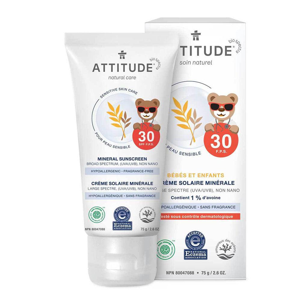 Crème Solaire Minérale Peaux Sensibles FPS 30 Bébés et Enfants Attitude - La Boite à Grains