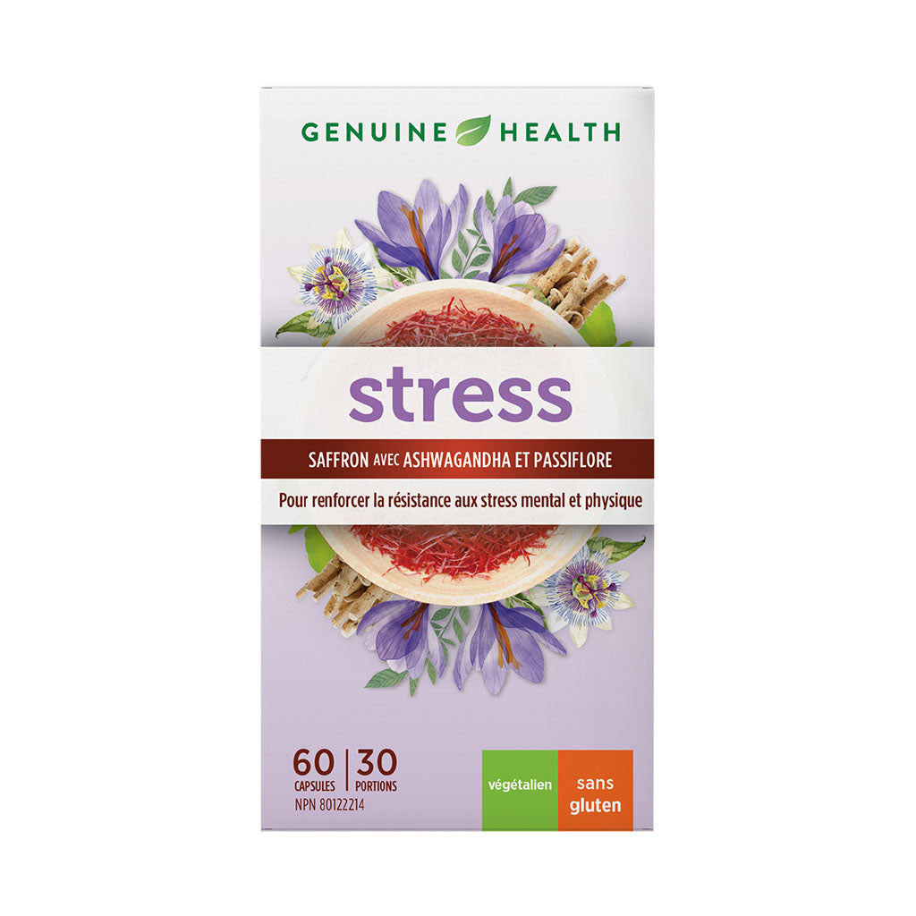 genuine health stress safran avec ashwagandha et passiflore 60 capsules - La Boite à Grains