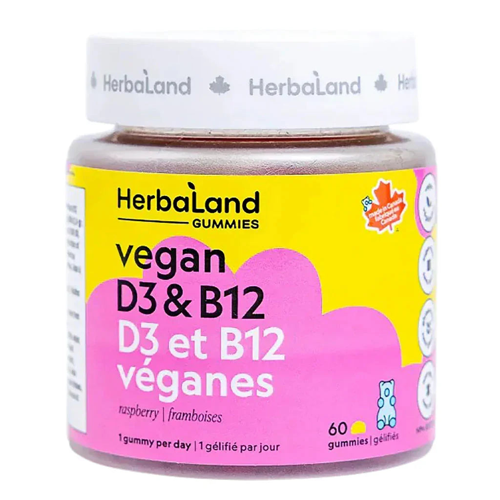 herbaland d3 & b12 vegan raspberries 60 gummies - la boite à grains
