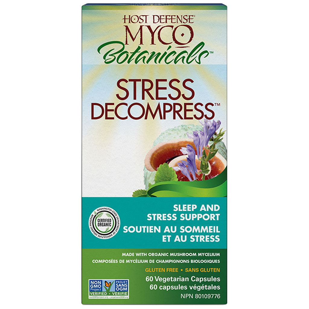 host defense mushrooms myco botanicals stress decompress soutien au sommeil et au stress 60 capsules végétales - la boite a grains