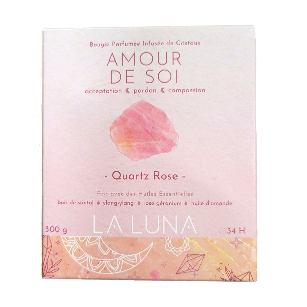 la luna amour de soi quartz rose bougie parfumée infusée de cristaux 300 g