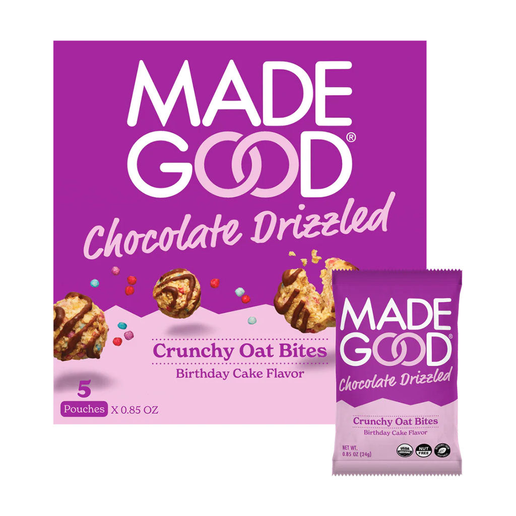 chocolate drizzled crunchy oat bites birthday cake flavour Made Good - La Boite à Grains