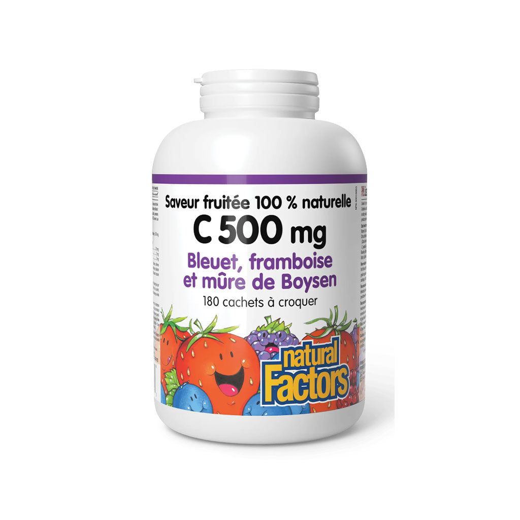 natural factors Vitamine C 500 mg Bleuet Framboise et Mûre de Boysen 180 cachets a croquer la boite a grains