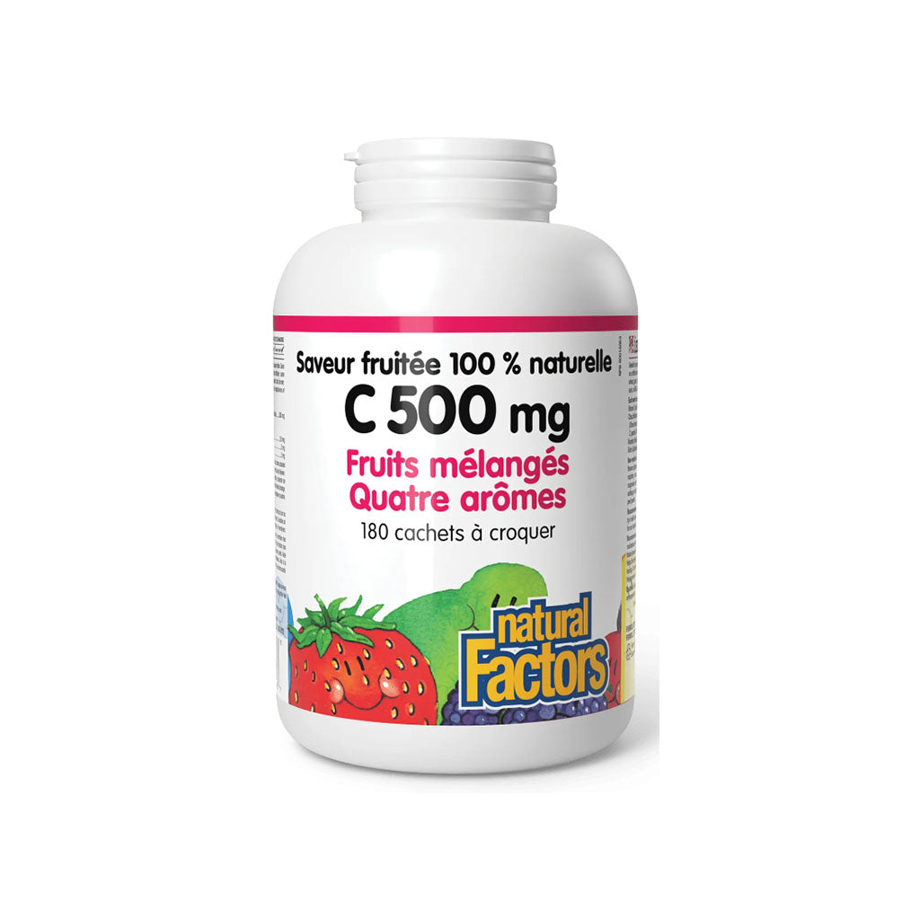 natural factors Vitamine C 500 mg Fruits Mélangés Quatre Arômes 180 cachets a croquer la boite a grains