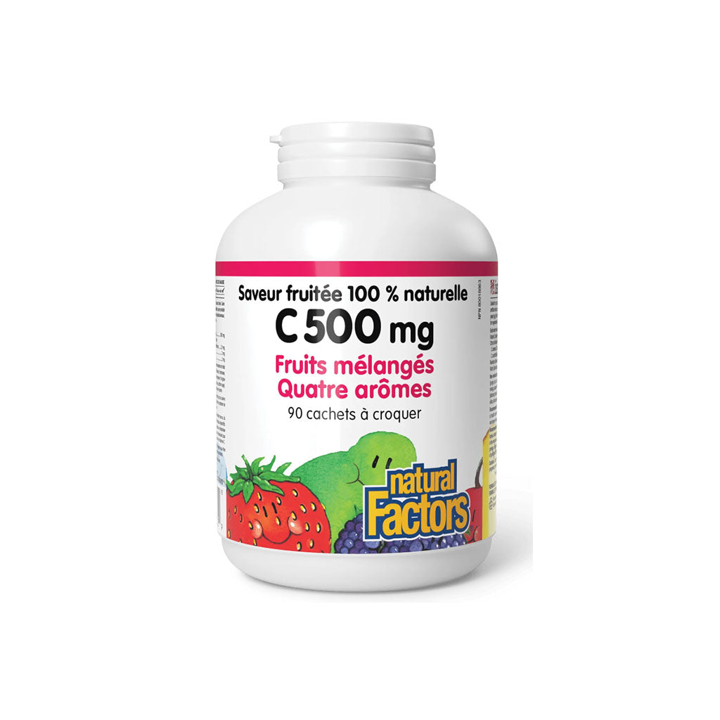 natural factors Vitamine C 500 mg Fruits Mélangés Quatre Arômes 90 cachets a croquer la boite a grains