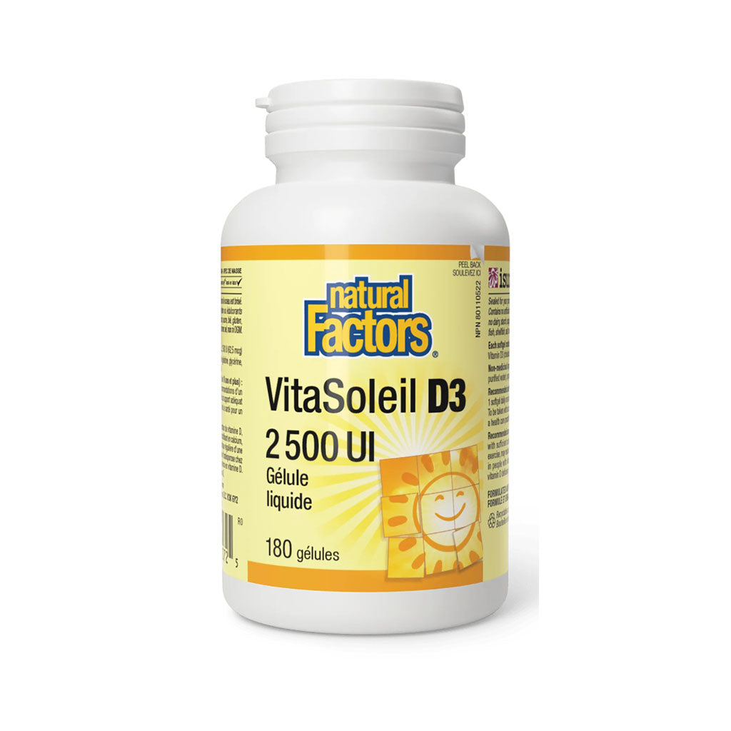 natural factors VitaSoleil D3 2500 UI 180 gelules la boite a grains