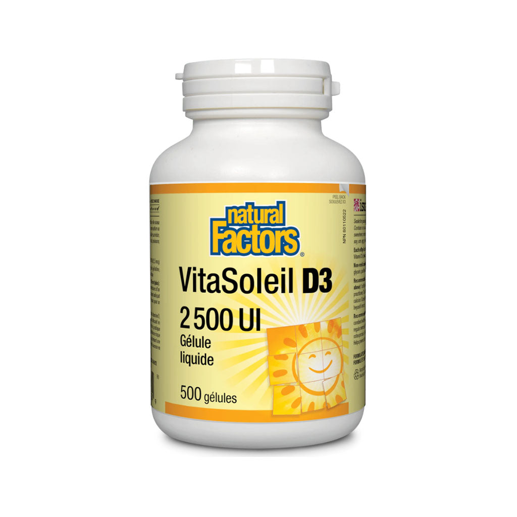 natural factors VitaSoleil D3 2500 UI 500 gelules la boite a grains