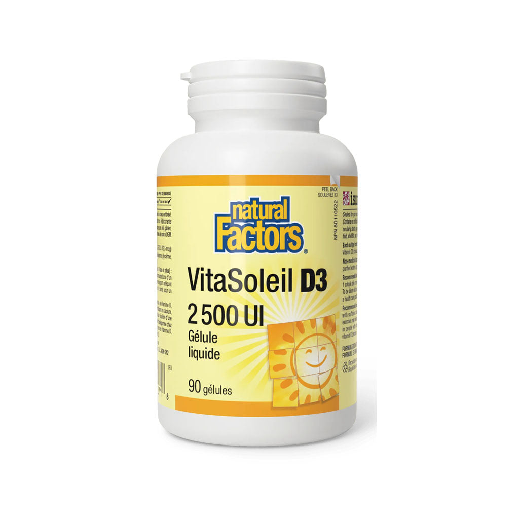 natural factors VitaSoleil D3 2500 UI 90 gelules la boite a grains