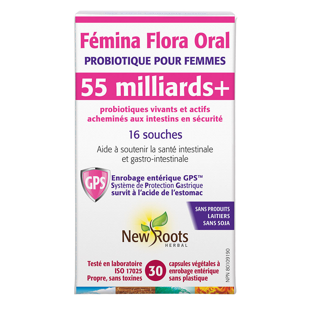 new roots herbal femina flora oral probiotique pour femmes 55 milliards 30 capsules végétales