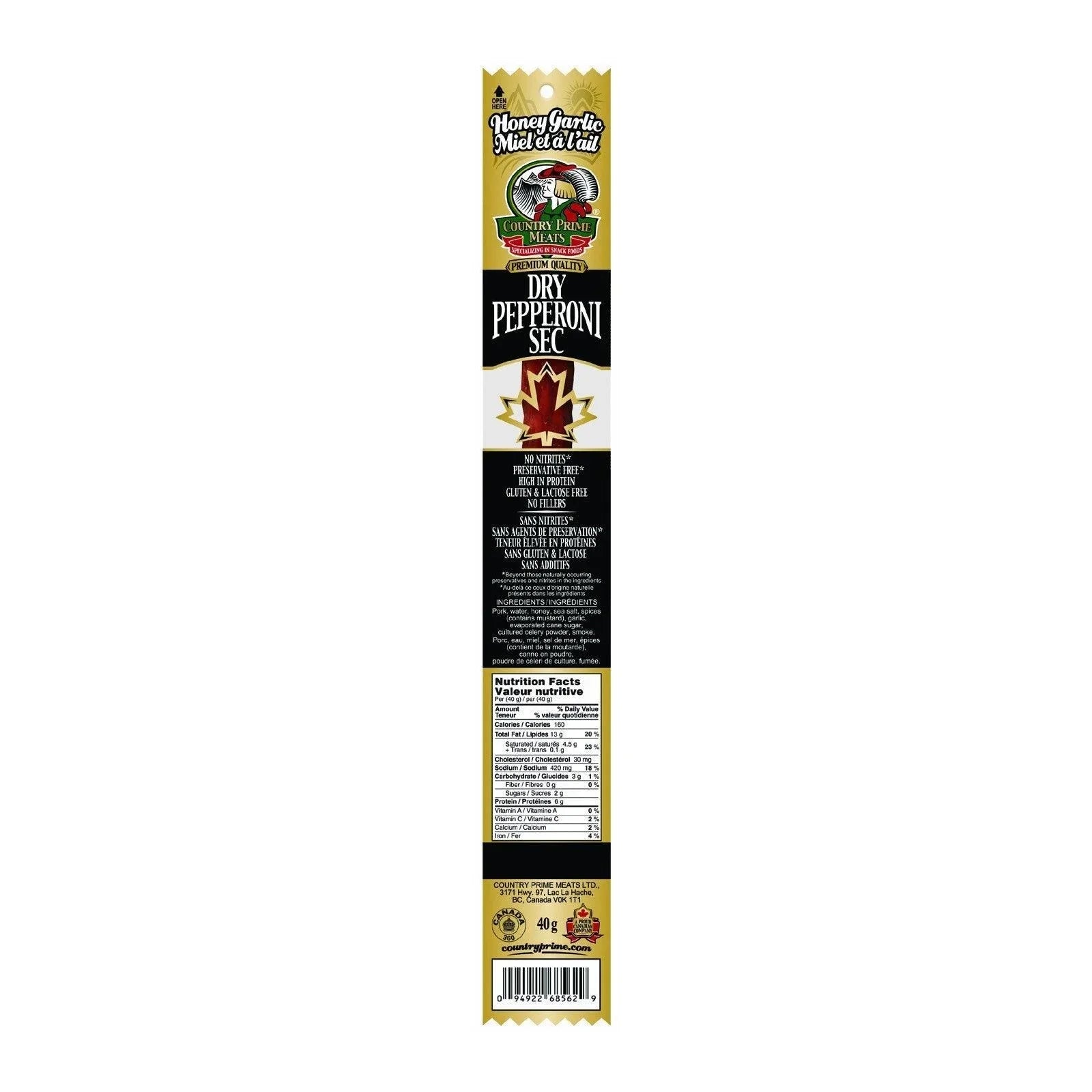 Dry Pepperoni Honey and Garlic Country Prime Meats - La Boite à Grains