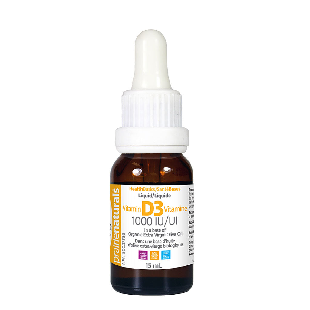 Prairie Naturals Vitamine D3 1000 UI Liquide dans Base d'Huile d'Olive Bio 15 ml - La Boite à Grains