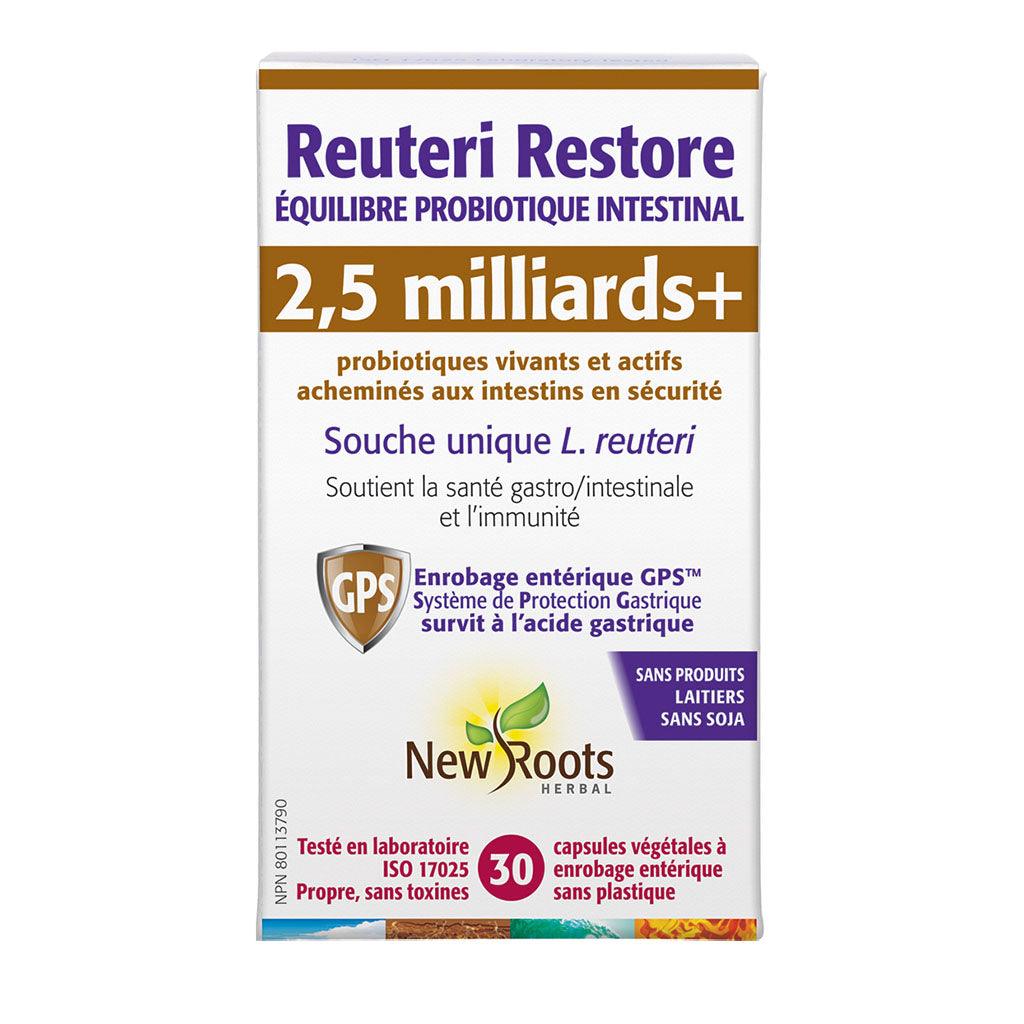 Reuteri Restore Équilibre Probiotique Intestinal 2,5 Milliards+ New Roots Herbal - La Boite à Grains